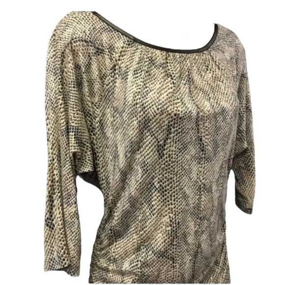 Allen B Allen Schwartz Dress XS Beige Black Snakeskin Print Ruched Boho Chic - Picture 4 of 7